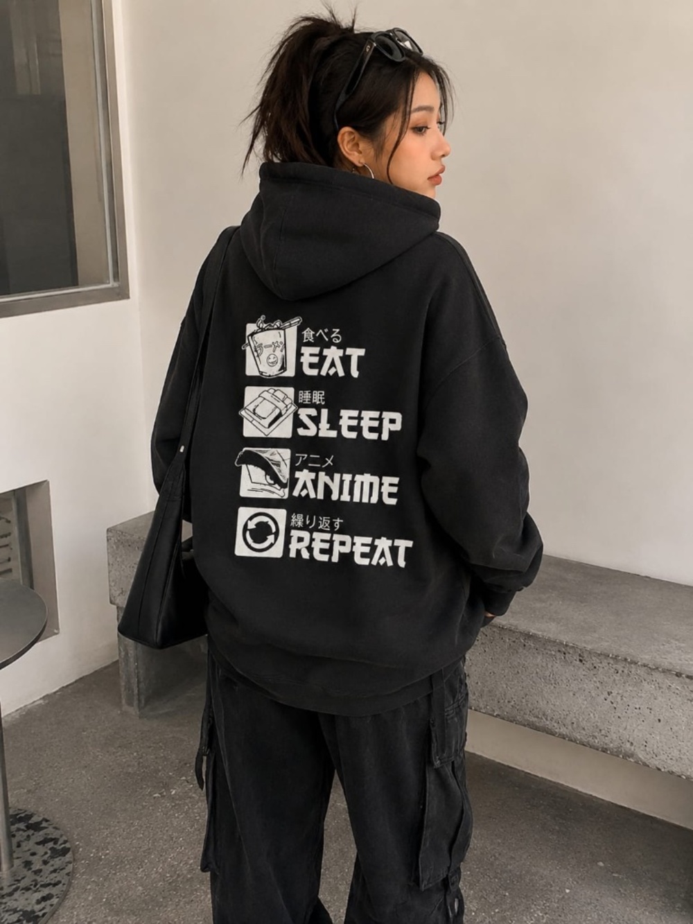 Black Zip-Up Hoodie - Eat Sleep Anime Repeat Graphic
